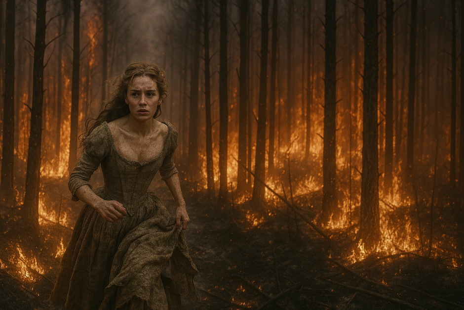 grown up cinderella running through a burning forest