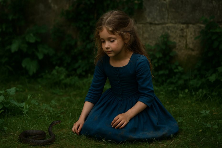 Little Cinderella sitting in the garden with a black snake