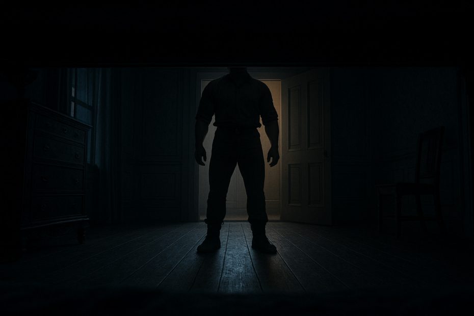 The silhouette of a huge man standing in a room at night.